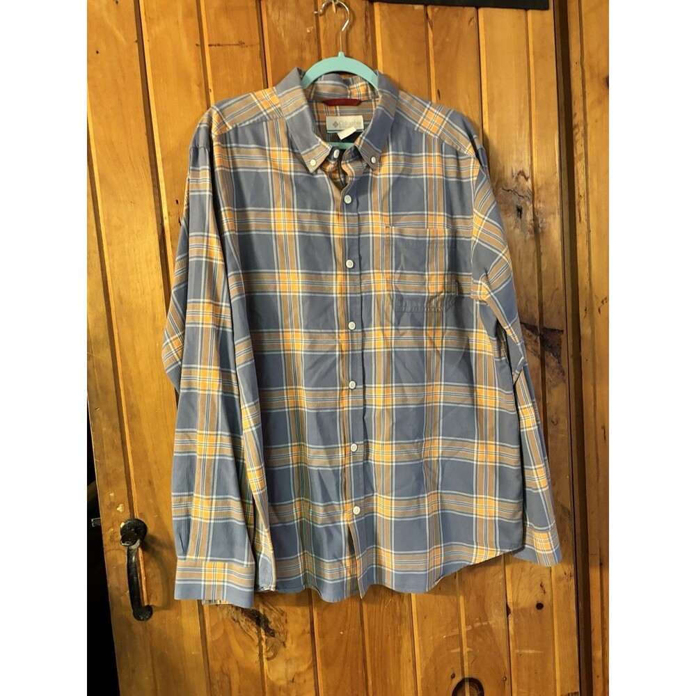 Columbia Shirt Mens Large Blue Orange Plaid Button Down Long Sleeve Comfort
